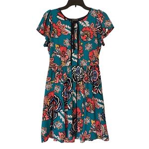 Express Turquoise Multicolor Floral Fit & Flare Fully Lined Slip On Dress